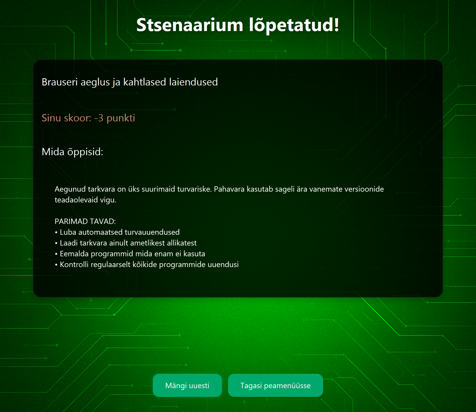 Stsenaariumi lõpu ekraan